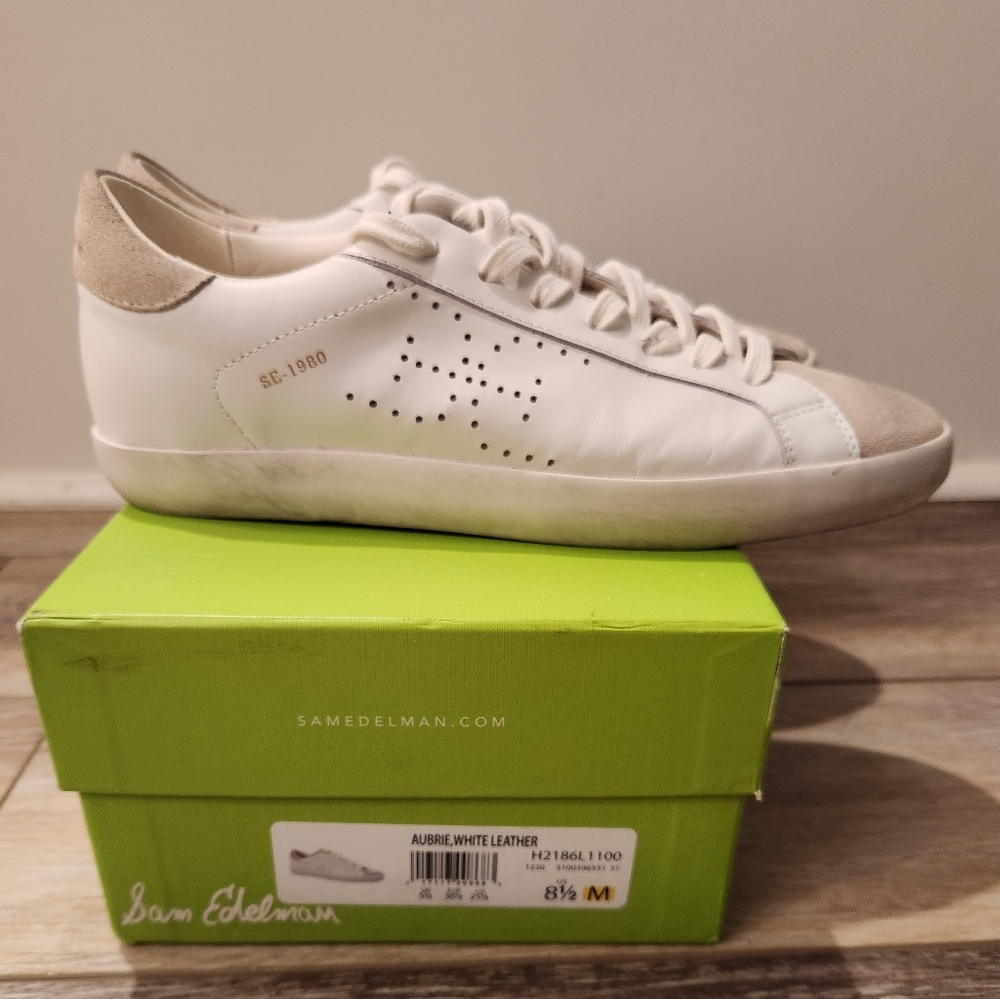 Sam Edelman Aubrie White Leather Suede Distressed Sneakers
